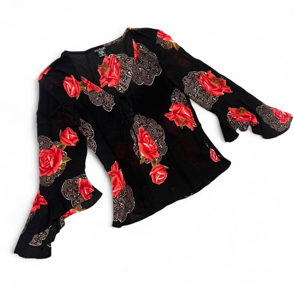 Y2K Whimsygoth Boho Sheer Bell Sleeve Top B40